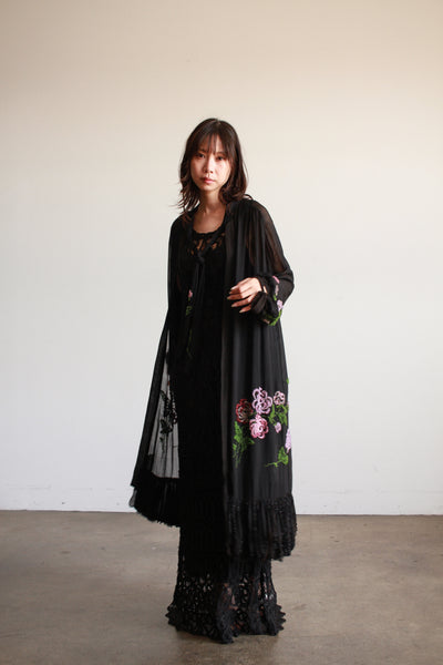 1920s Black Chiffon Floral Beaded Duster