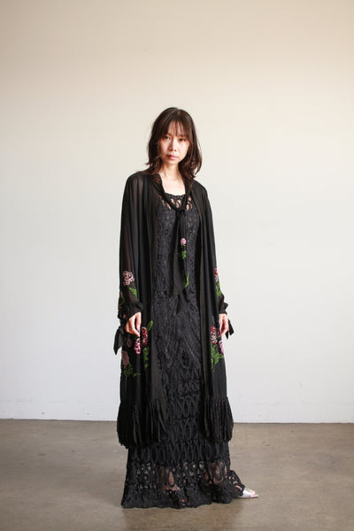 1920s Black Chiffon Floral Beaded Duster