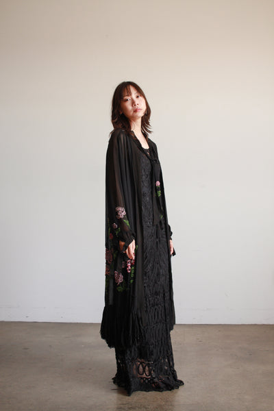 1920s Black Chiffon Floral Beaded Duster