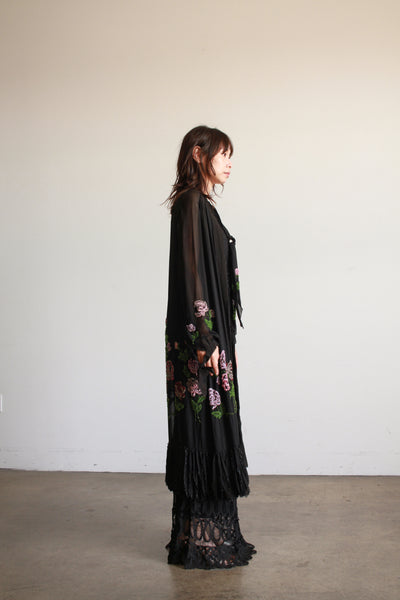 1920s Black Chiffon Floral Beaded Duster