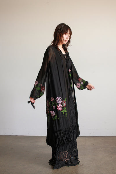 1920s Black Chiffon Floral Beaded Duster