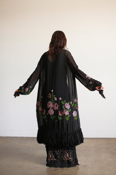 1920s Black Chiffon Floral Beaded Duster