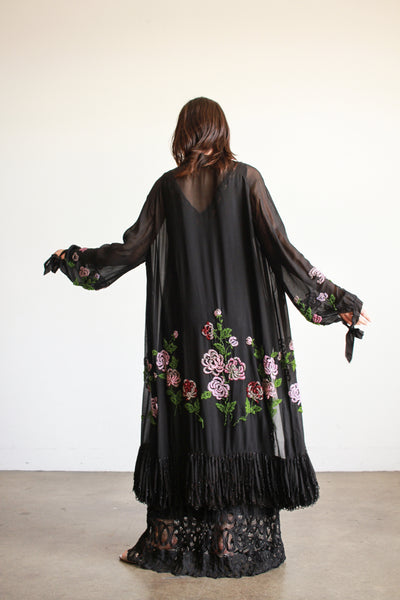 1920s Black Chiffon Floral Beaded Duster