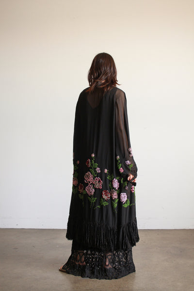 1920s Black Chiffon Floral Beaded Duster