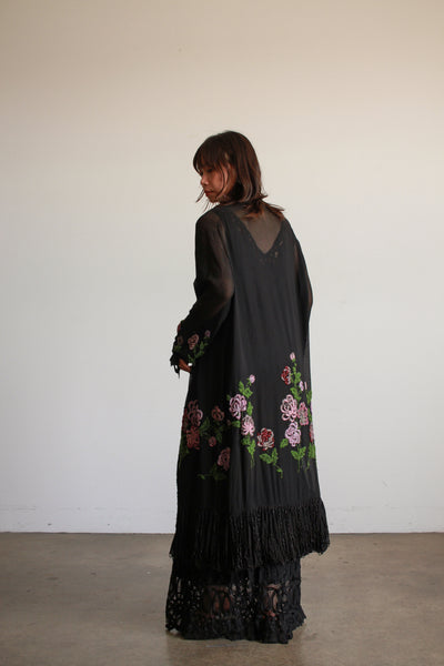 1920s Black Chiffon Floral Beaded Duster