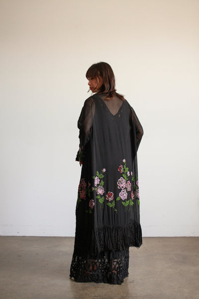 1920s Black Chiffon Floral Beaded Duster