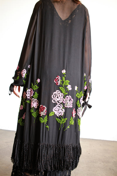 1920s Black Chiffon Floral Beaded Duster