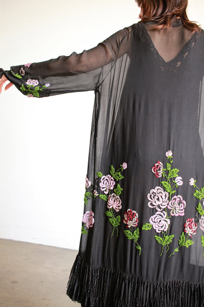 1920s Black Chiffon Floral Beaded Duster