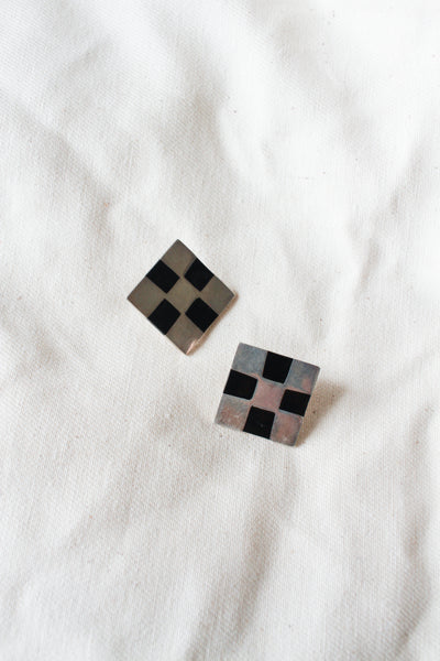 1980s Sterling Silver Checkered Square Earrings