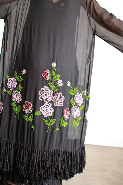 1920s Black Chiffon Floral Beaded Duster