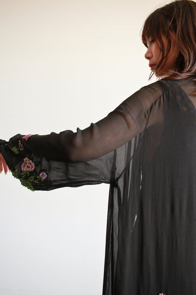 1920s Black Chiffon Floral Beaded Duster