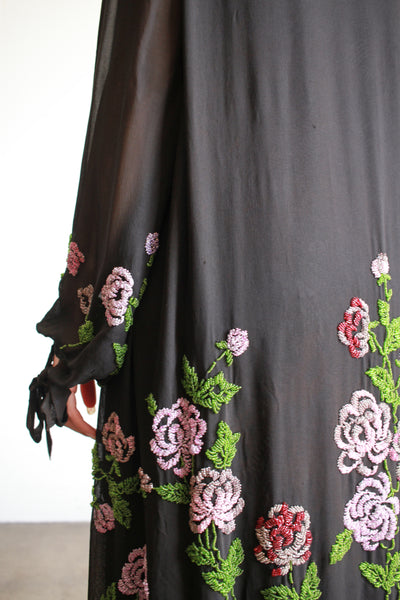 1920s Black Chiffon Floral Beaded Duster