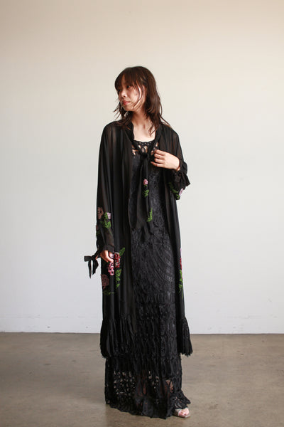 1920s Black Chiffon Floral Beaded Duster