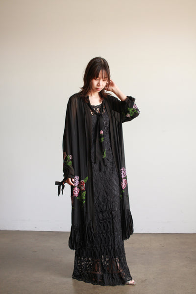 1920s Black Chiffon Floral Beaded Duster