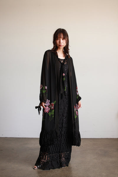 1920s Black Chiffon Floral Beaded Duster