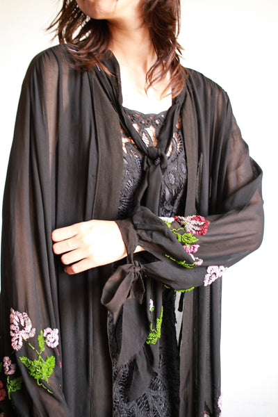 1920s Black Chiffon Floral Beaded Duster