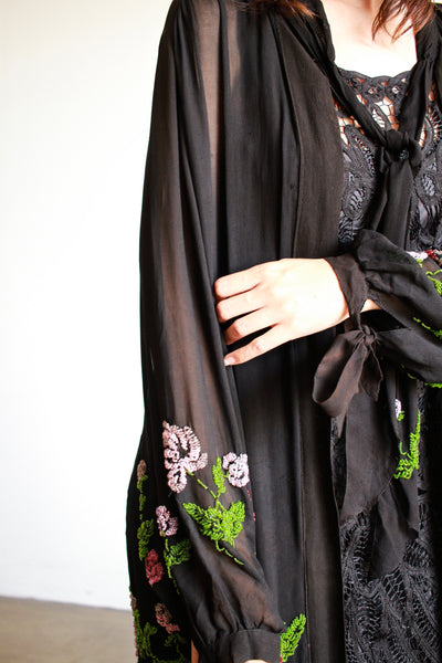 1920s Black Chiffon Floral Beaded Duster