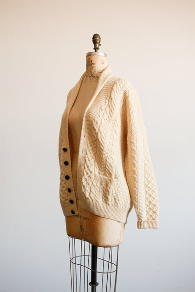 1980s Cream Irish Cable Knit Wool Cardigan