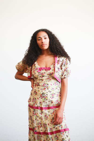 1930s Floral Chiffon Print Dress Bolero Set
