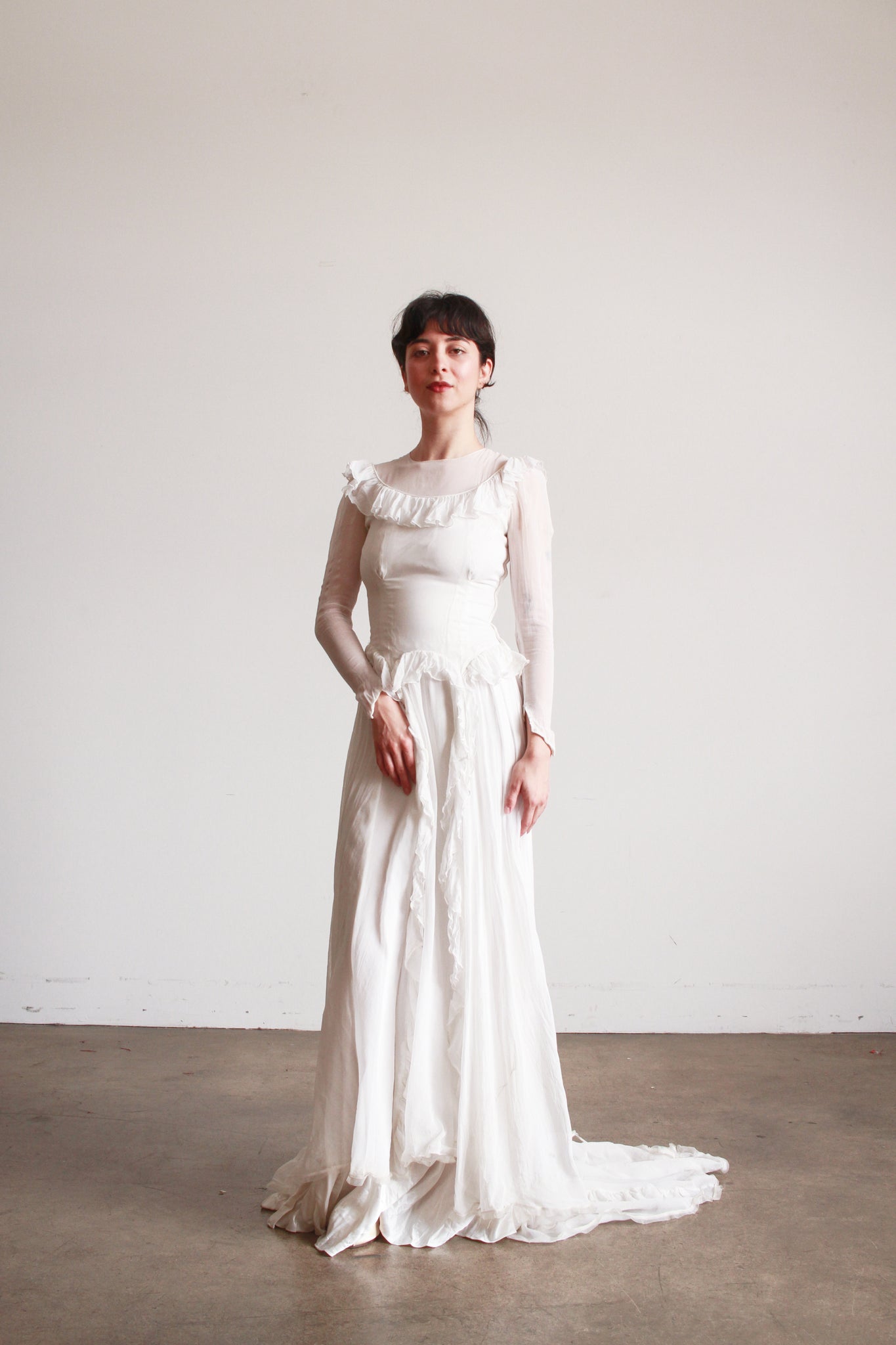 long sleeve 1940s wedding dresses 1940s Pearl White Illusion Long Sleeve Wedding Gown Blossom Vintage