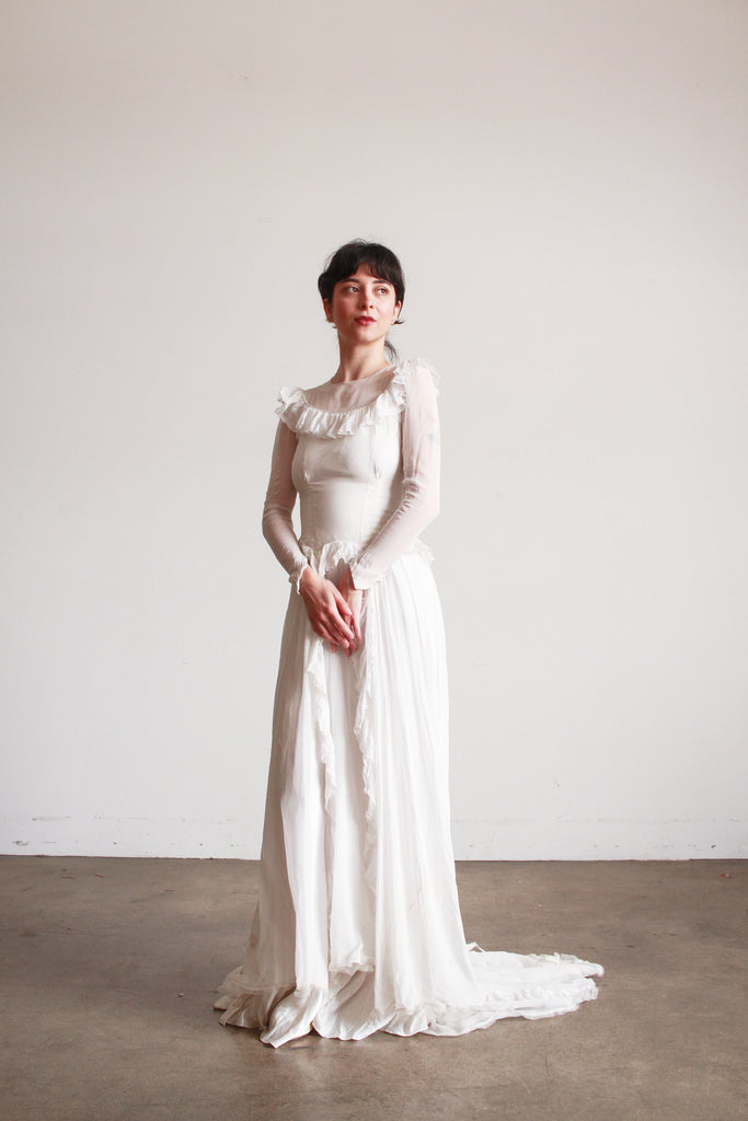 1940s Pearl White Illusion Long Sleeve Wedding Gown Blossom Vintage 1940s Pearl White Illusion Long Sleeve Wedding Gown Blossom Vintage
