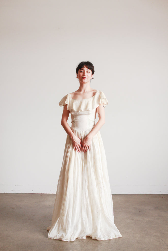 1940s Cream Cotton Batiste Scallop Collar Dress