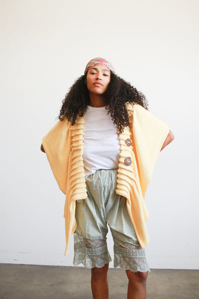 1990s Butter Yellow Handknit Shawl Jacket