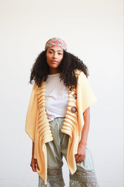 1990s Butter Yellow Handknit Shawl Jacket