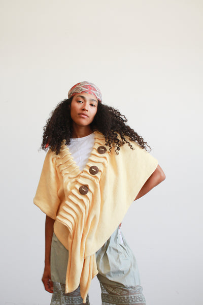 1990s Butter Yellow Handknit Shawl Jacket