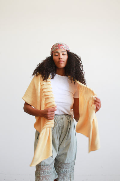 1990s Butter Yellow Handknit Shawl Jacket