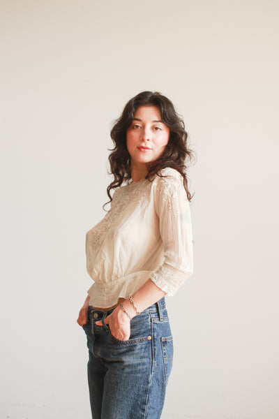 Edwardian Beige Cotton Embossed Blouse
