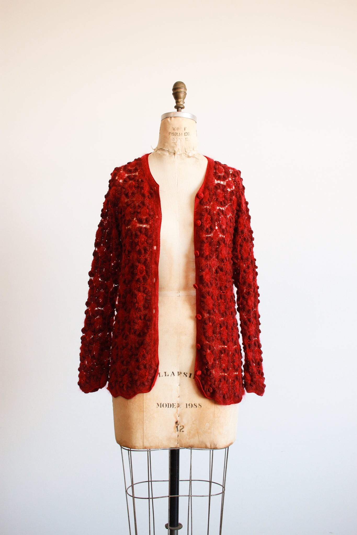 1990s Crimson Red Crochet Knit Cardigan