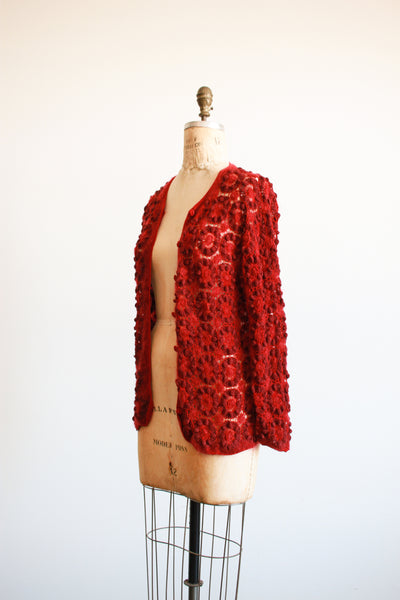1990s Crimson Red Crochet Knit Cardigan