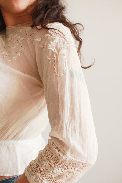 Edwardian Beige Cotton Embossed Blouse