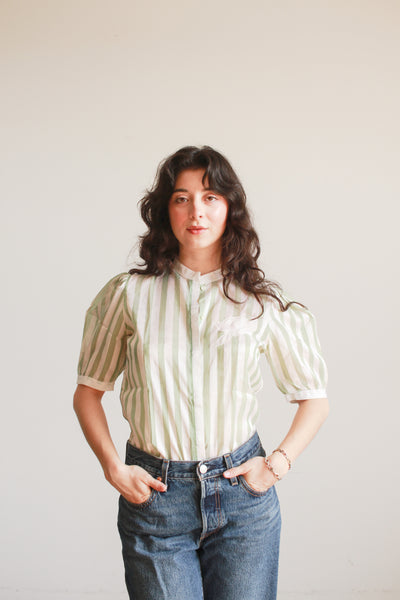 1980s Mint Silk Striped Puff Sleeve Blouse