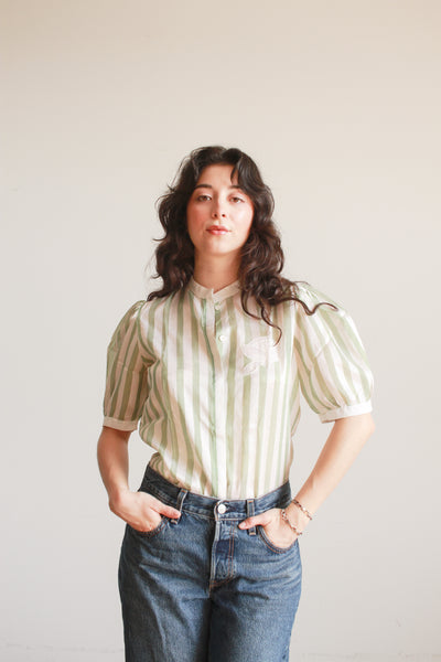 1980s Mint Silk Striped Puff Sleeve Blouse