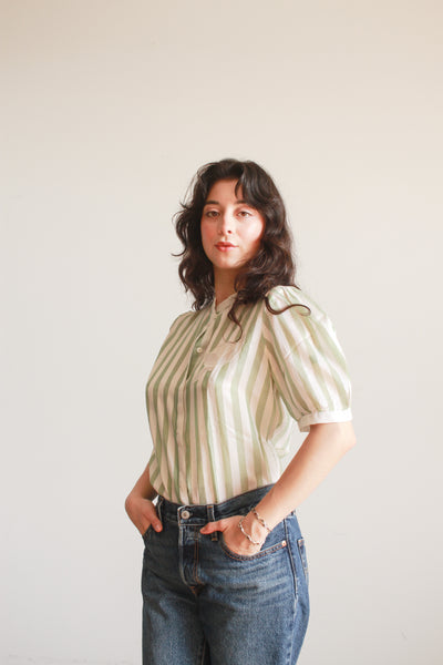 1980s Mint Silk Striped Puff Sleeve Blouse
