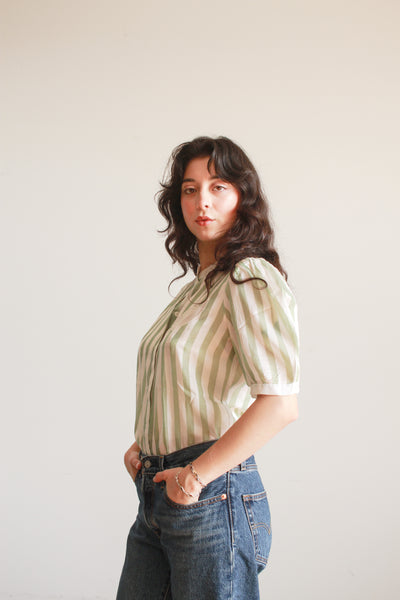1980s Mint Silk Striped Puff Sleeve Blouse