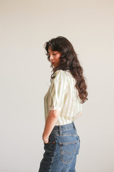 1980s Mint Silk Striped Puff Sleeve Blouse