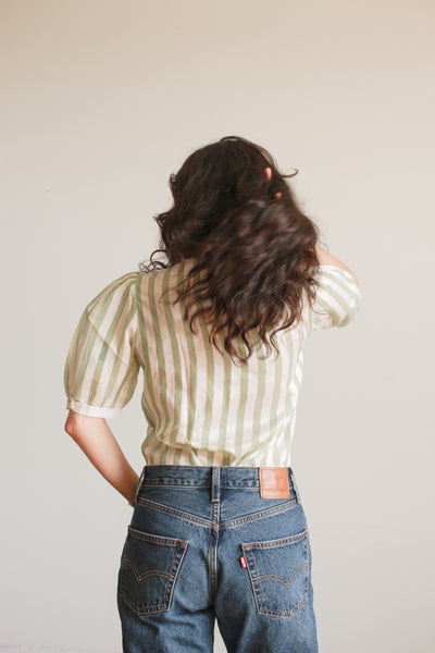 1980s Mint Silk Striped Puff Sleeve Blouse