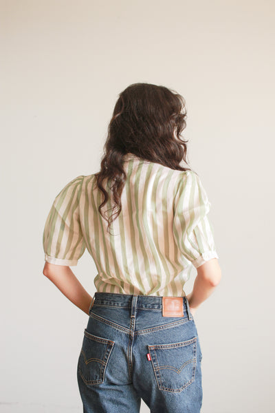 1980s Mint Silk Striped Puff Sleeve Blouse