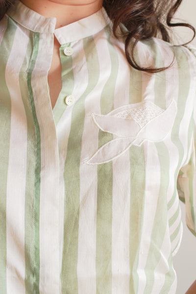 1980s Mint Silk Striped Puff Sleeve Blouse