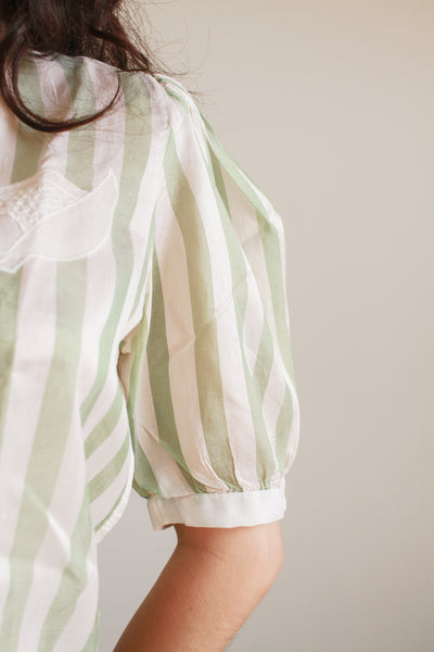 1980s Mint Silk Striped Puff Sleeve Blouse