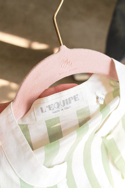 1980s Mint Silk Striped Puff Sleeve Blouse