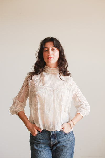 Edwardian White Cotton Voile Lace Inset Blouse