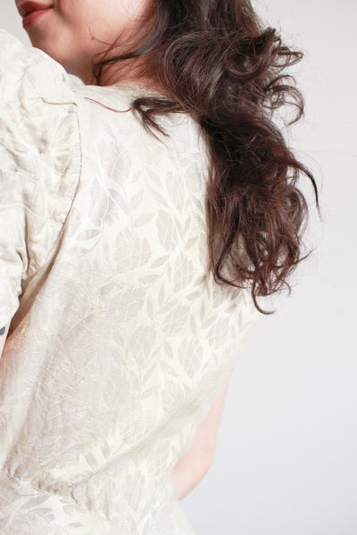 1930s Silver Jacquard Puff Sleeve Lame Dress