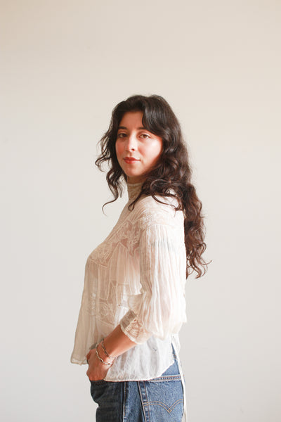 Edwardian White Cotton Voile Lace Inset Blouse