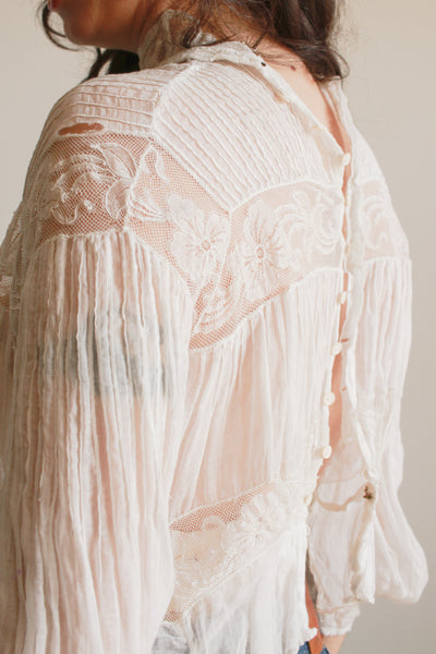 Edwardian White Cotton Voile Lace Inset Blouse