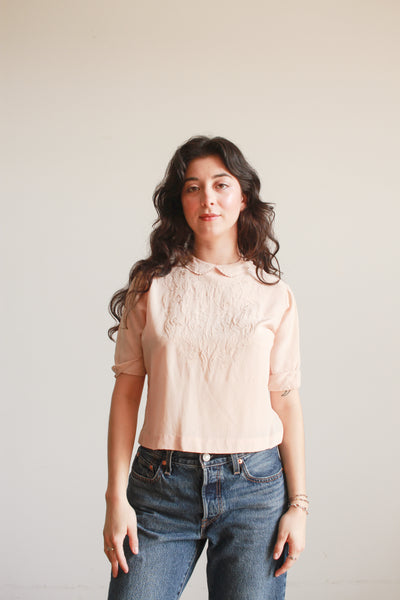 1940s Anna Valsecchi Dusty Pink Applique Silk Blouse