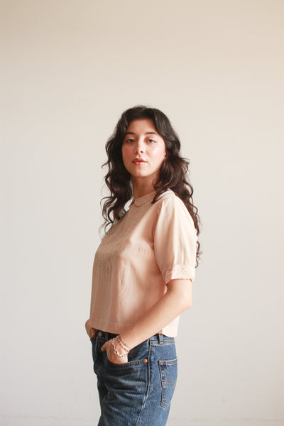 1940s Anna Valsecchi Dusty Pink Applique Silk Blouse